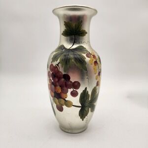 1970s Andrea by Sadek Silver Leaf Glass Vase Hand Painted Grapes Vine Decorative